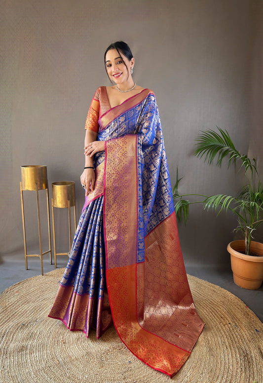 Function Wear Blue Color Contrast Weaving Pallu Silk Saree