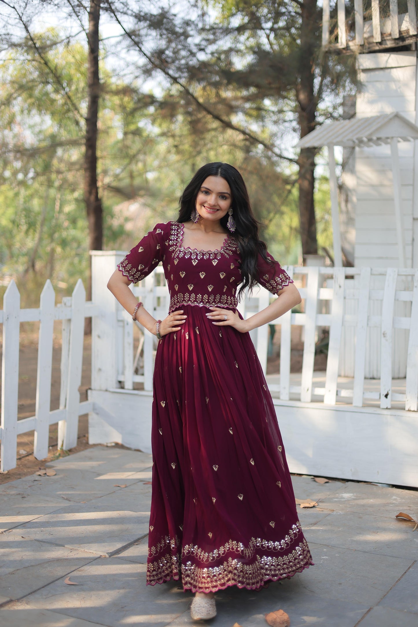 Fancy Square Neck Design Maroon Color Zari Work Gown