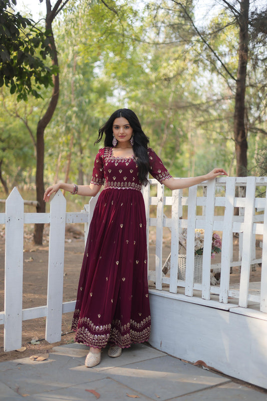 Fancy Square Neck Design Maroon Color Zari Work Gown