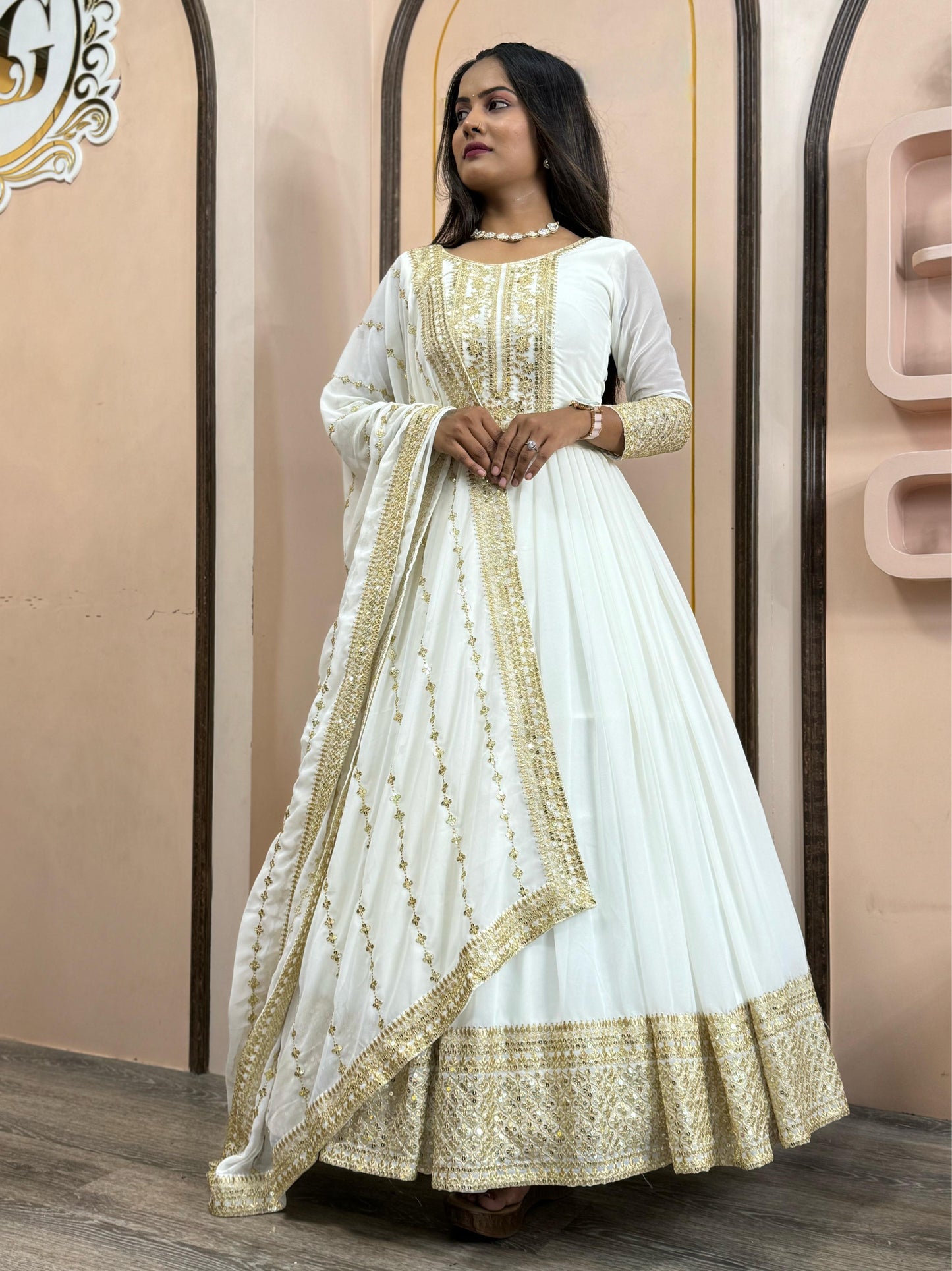 Shining Golden Sequence Work Long White Gown WIth Dupatta