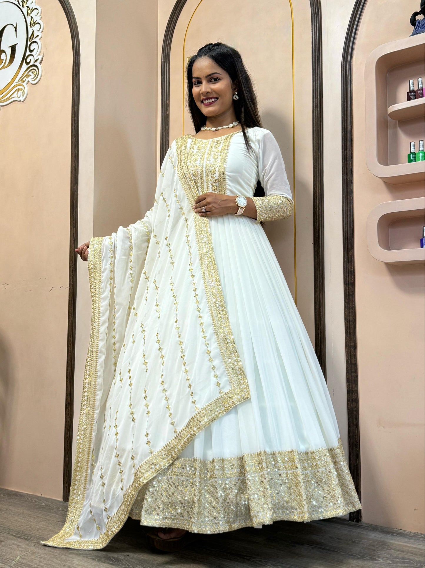 Shining Golden Sequence Work Long White Gown WIth Dupatta