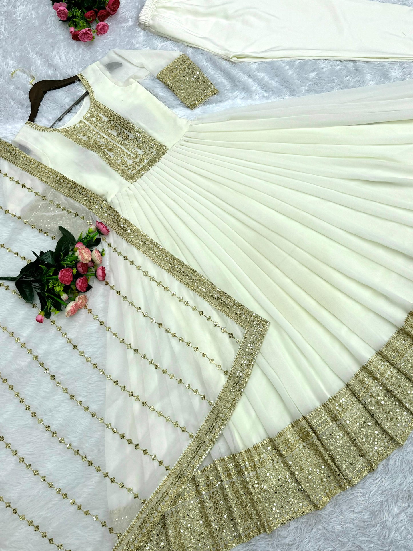 Shining Golden Sequence Work Long White Gown WIth Dupatta