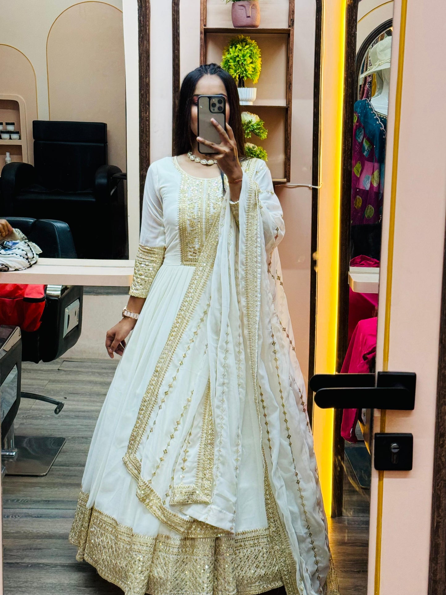 Shining Golden Sequence Work Long White Gown WIth Dupatta