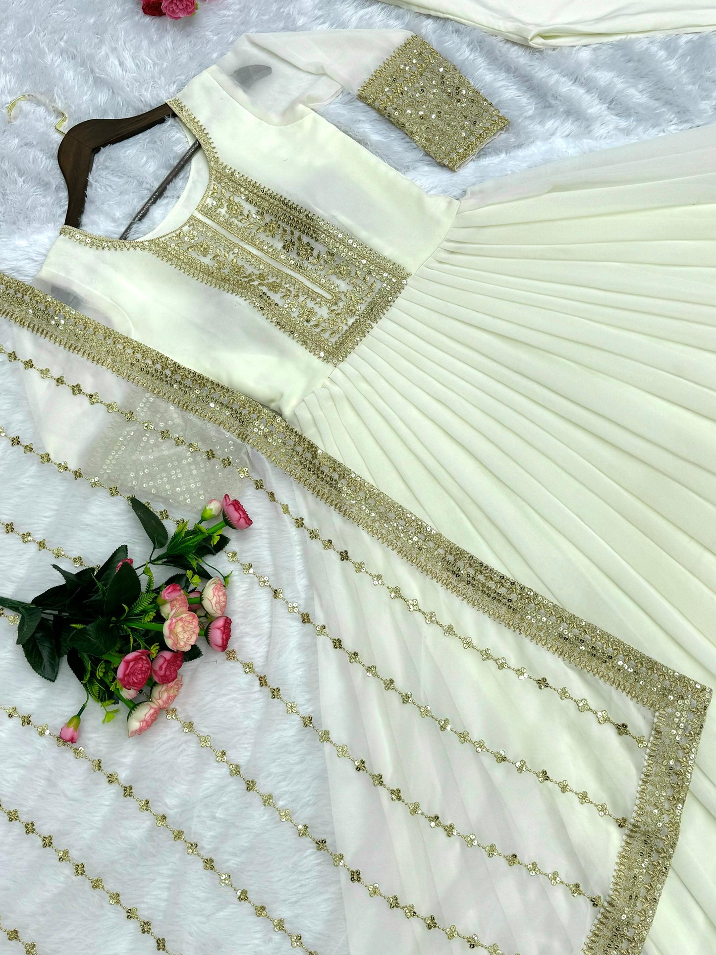 Shining Golden Sequence Work Long White Gown WIth Dupatta