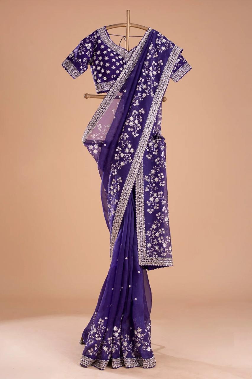 Beautiful Organza Silk Embroidery Work Purple Color Saree