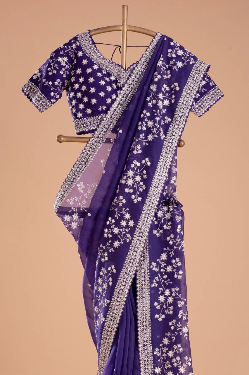 Beautiful Organza Silk Embroidery Work Purple Color Saree