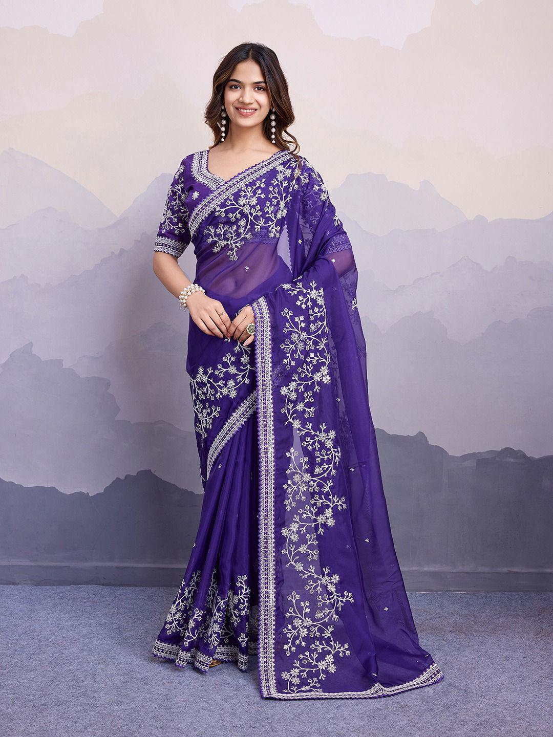 Beautiful Organza Silk Embroidery Work Purple Color Saree