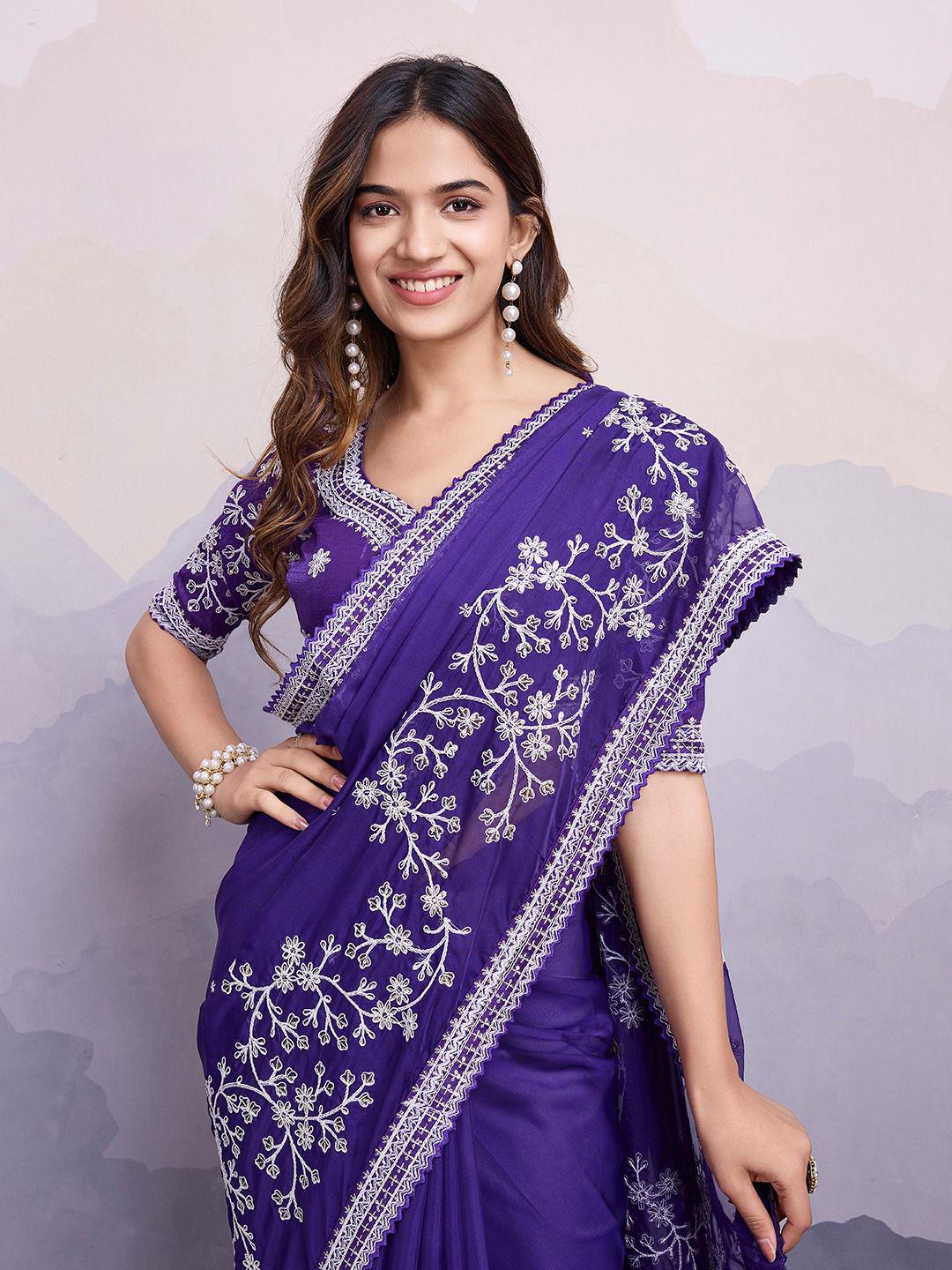 Beautiful Organza Silk Embroidery Work Purple Color Saree