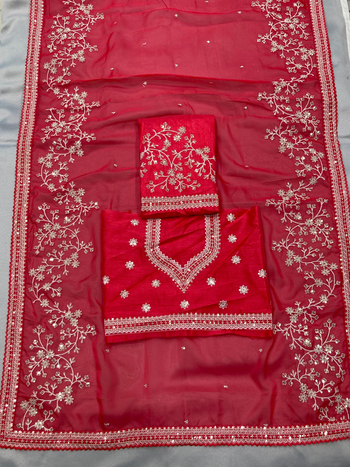 Beautiful Organza Silk Embroidery Work Red Color Saree