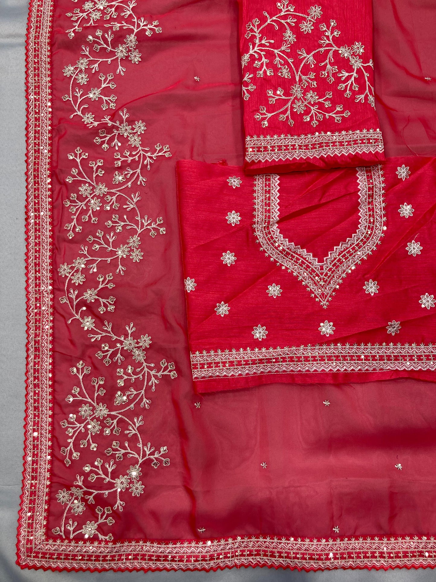 Beautiful Organza Silk Embroidery Work Red Color Saree