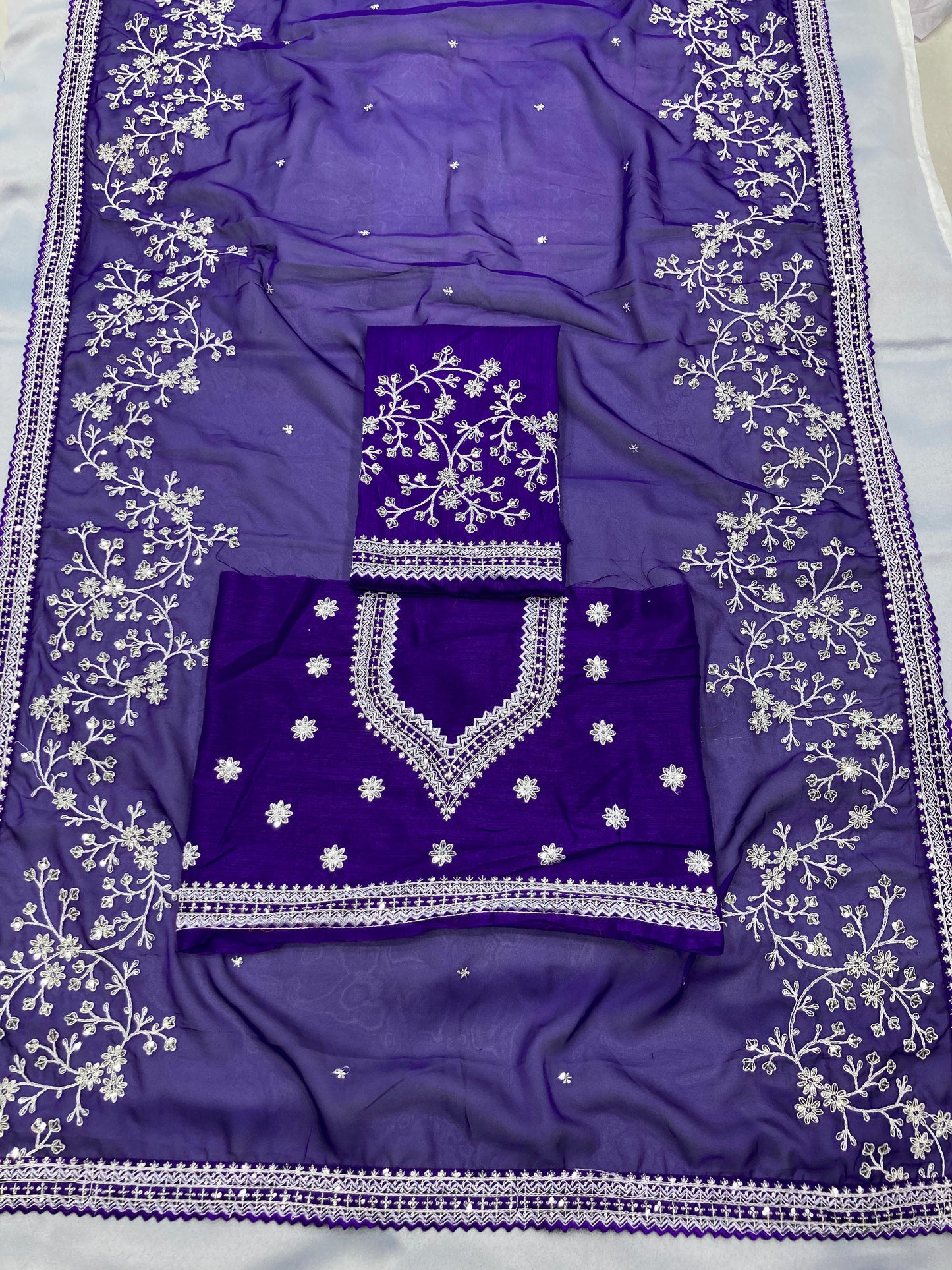 Beautiful Organza Silk Embroidery Work Purple Color Saree