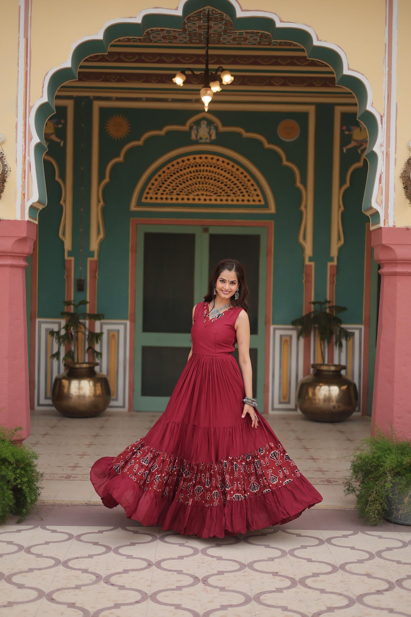 Maroon Color Printed Navratri Special Long Gown