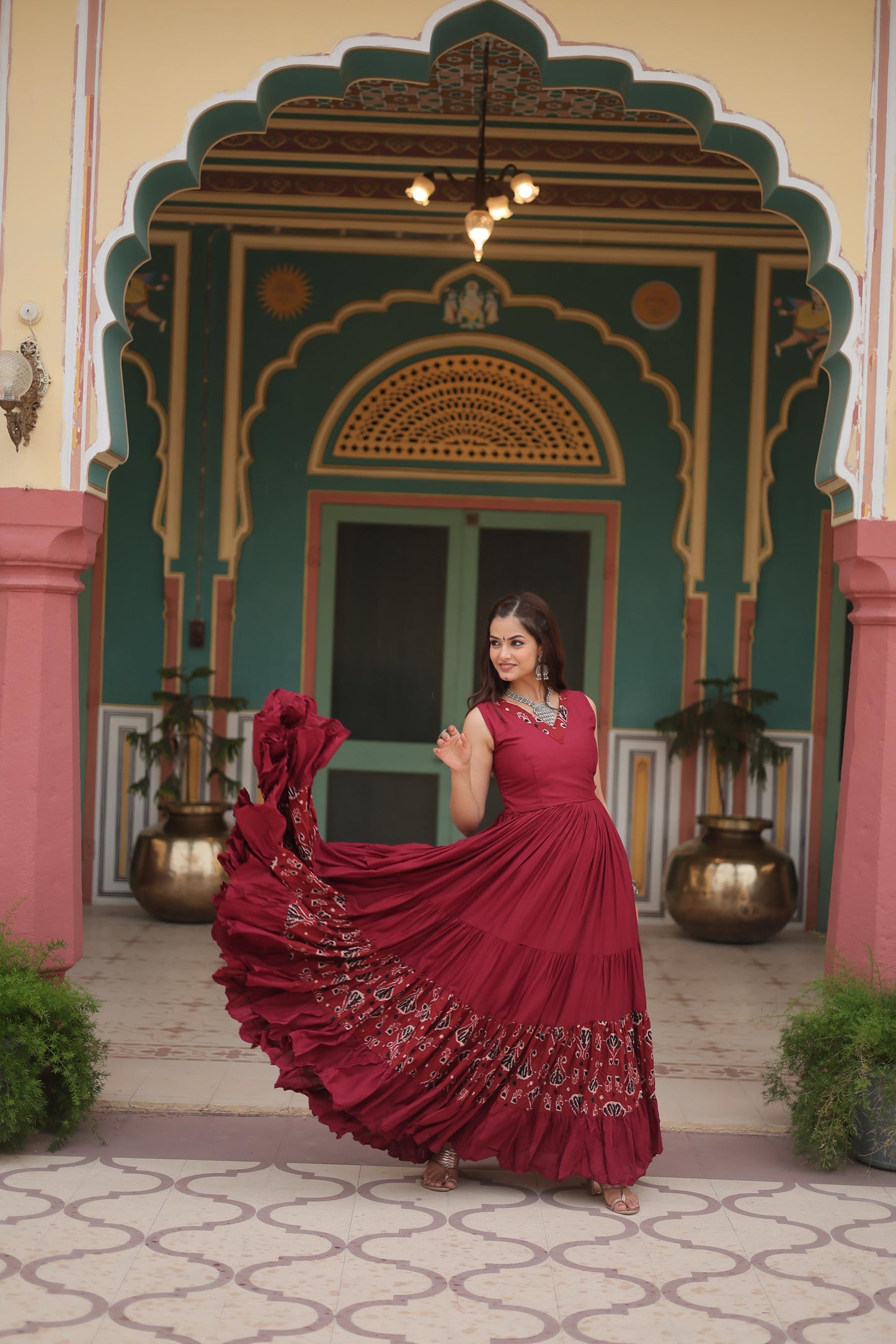 Maroon Color Printed Navratri Special Long Gown