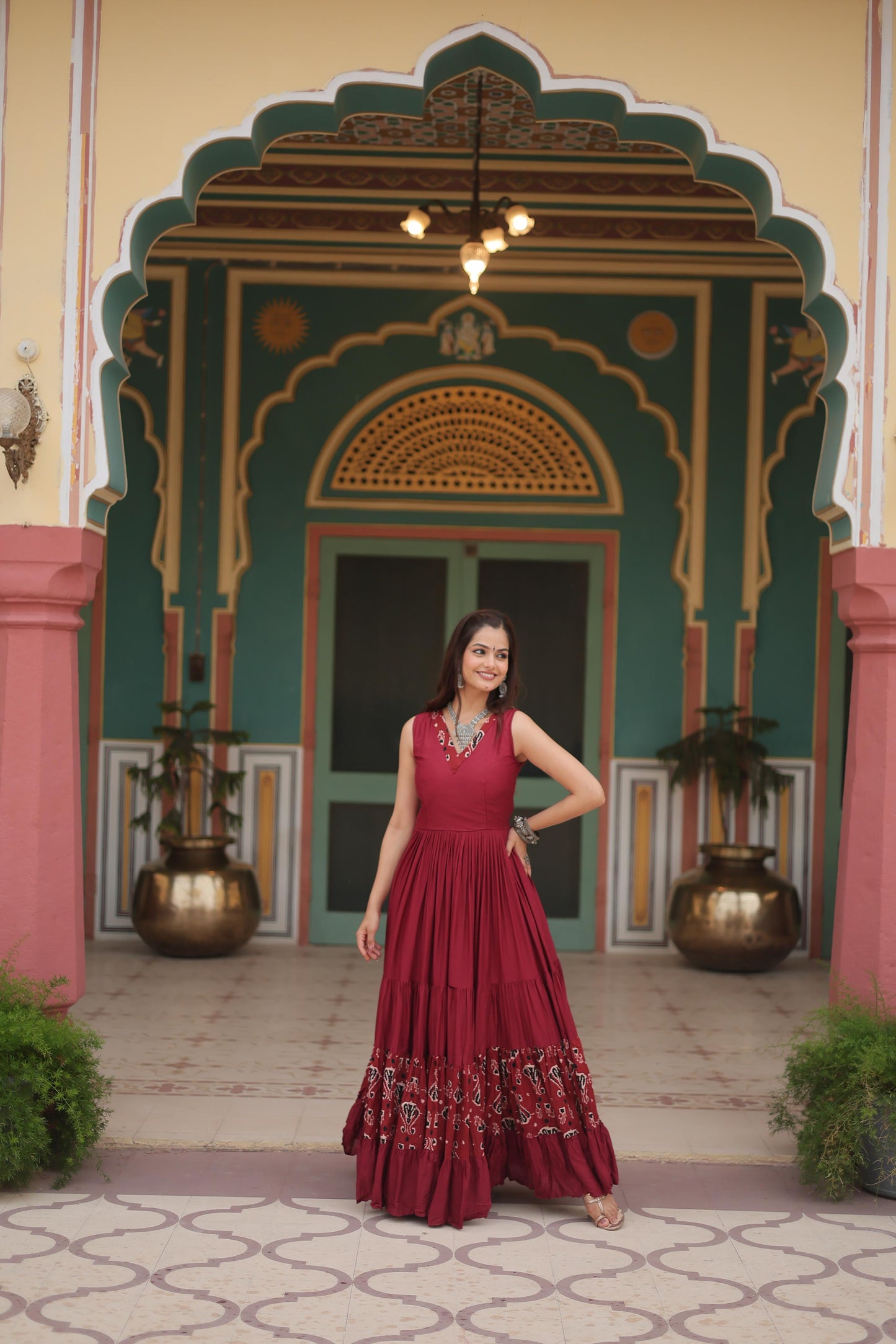 Maroon Color Printed Navratri Special Long Gown