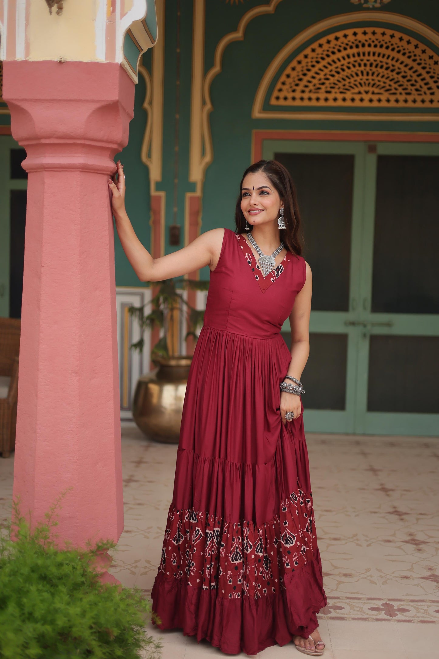 Maroon Color Printed Navratri Special Long Gown