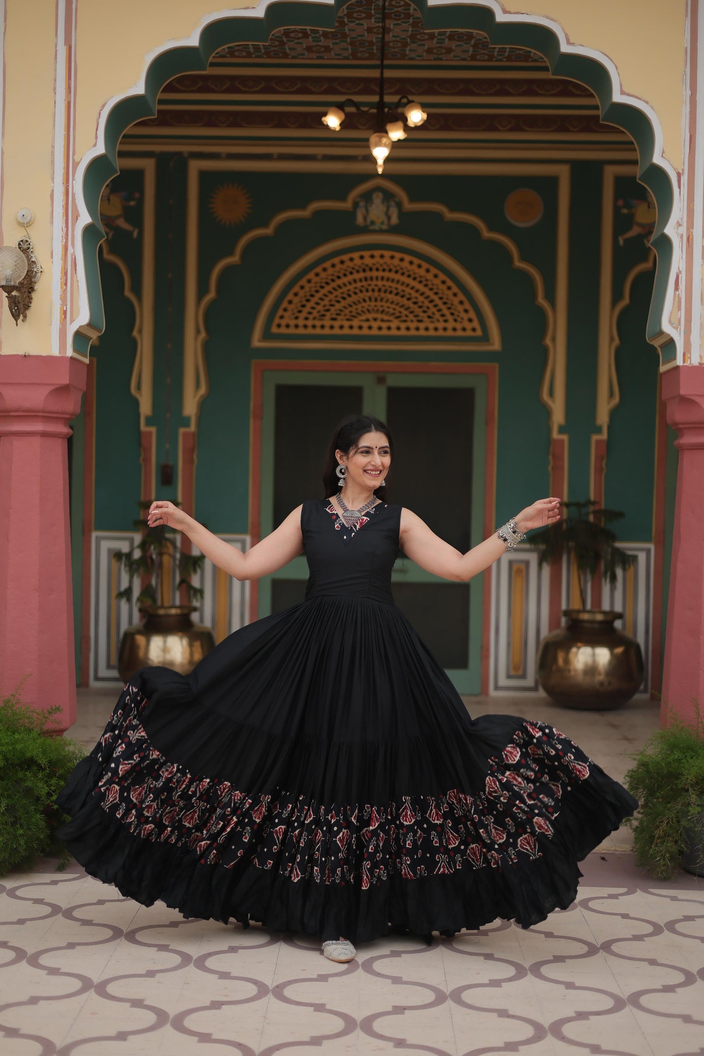 Black Color Printed Navratri Special Long Gown