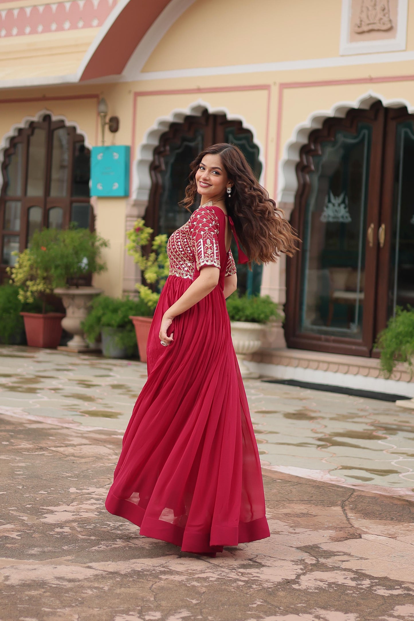 Designer Pink Color Embroidery Sequence work Gown