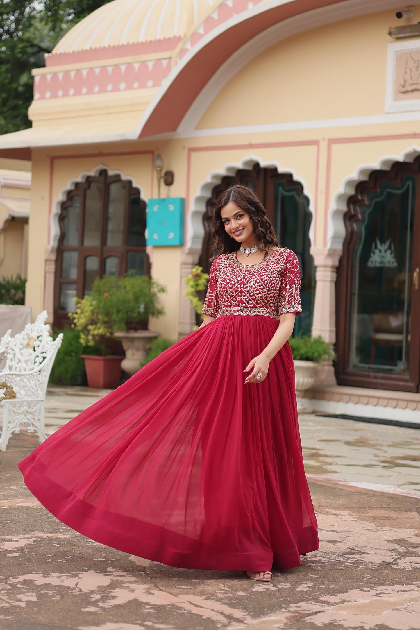 Designer Pink Color Embroidery Sequence work Gown