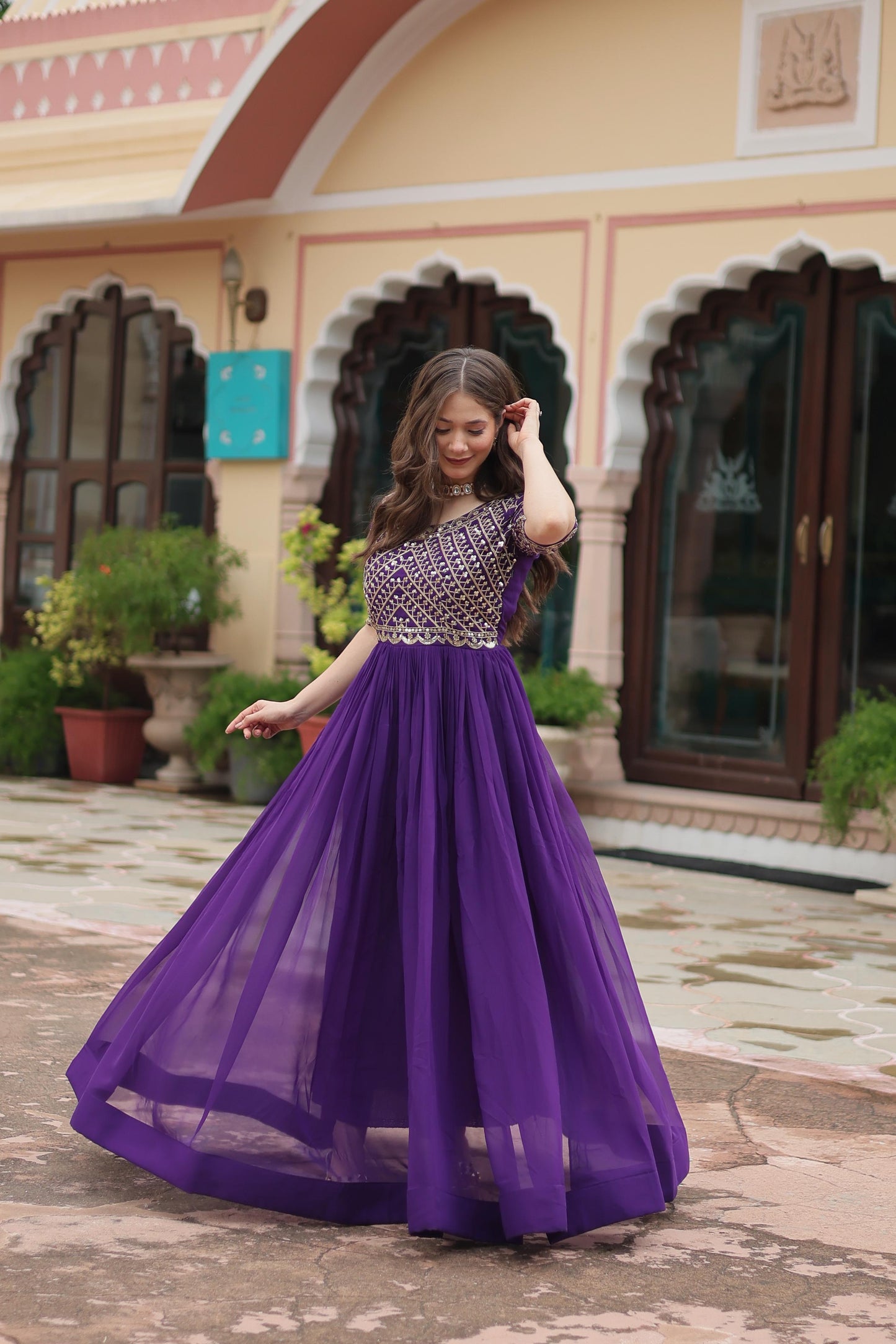 Designer Purple Color Embroidery Sequence work Gown