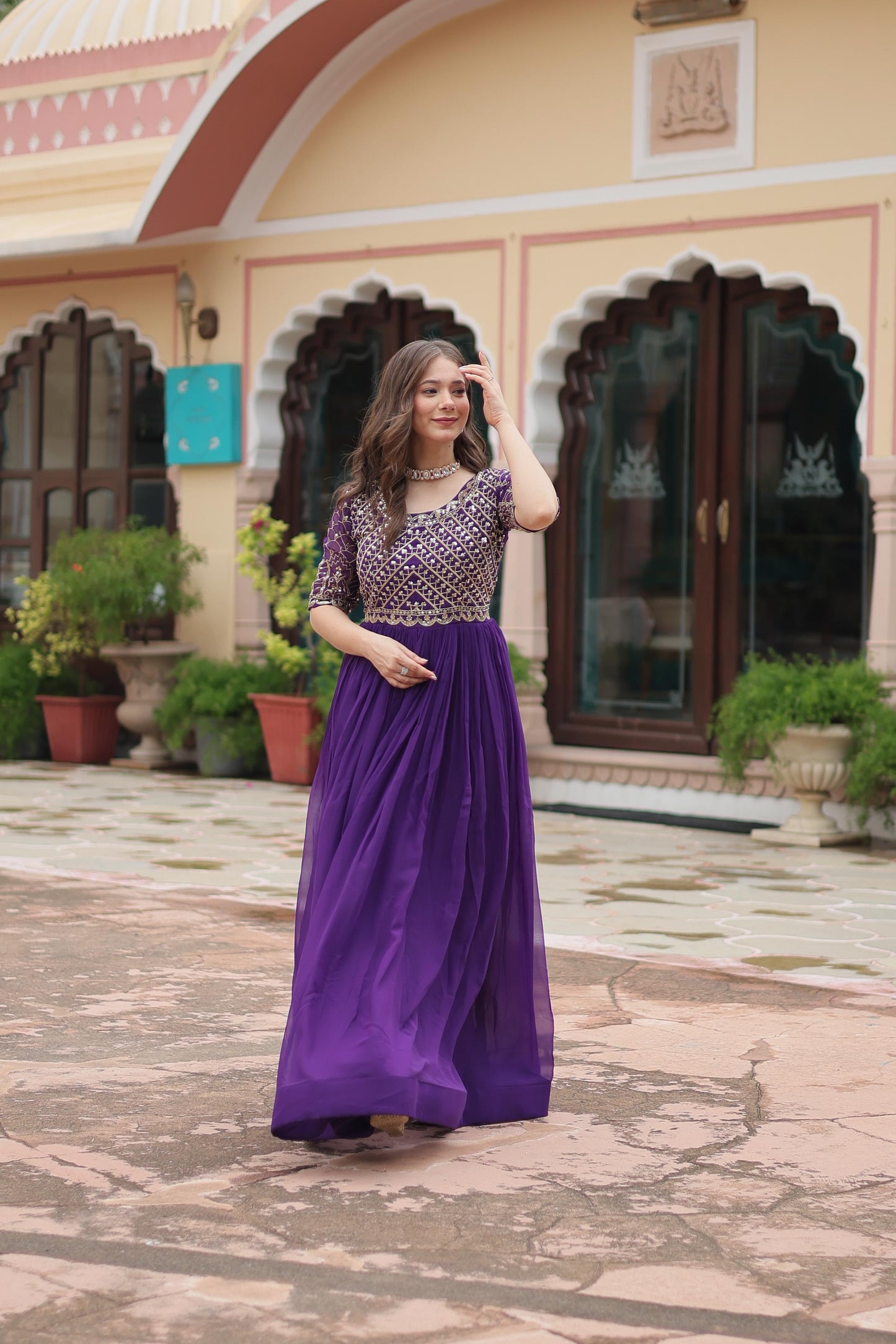 Designer Purple Color Embroidery Sequence work Gown