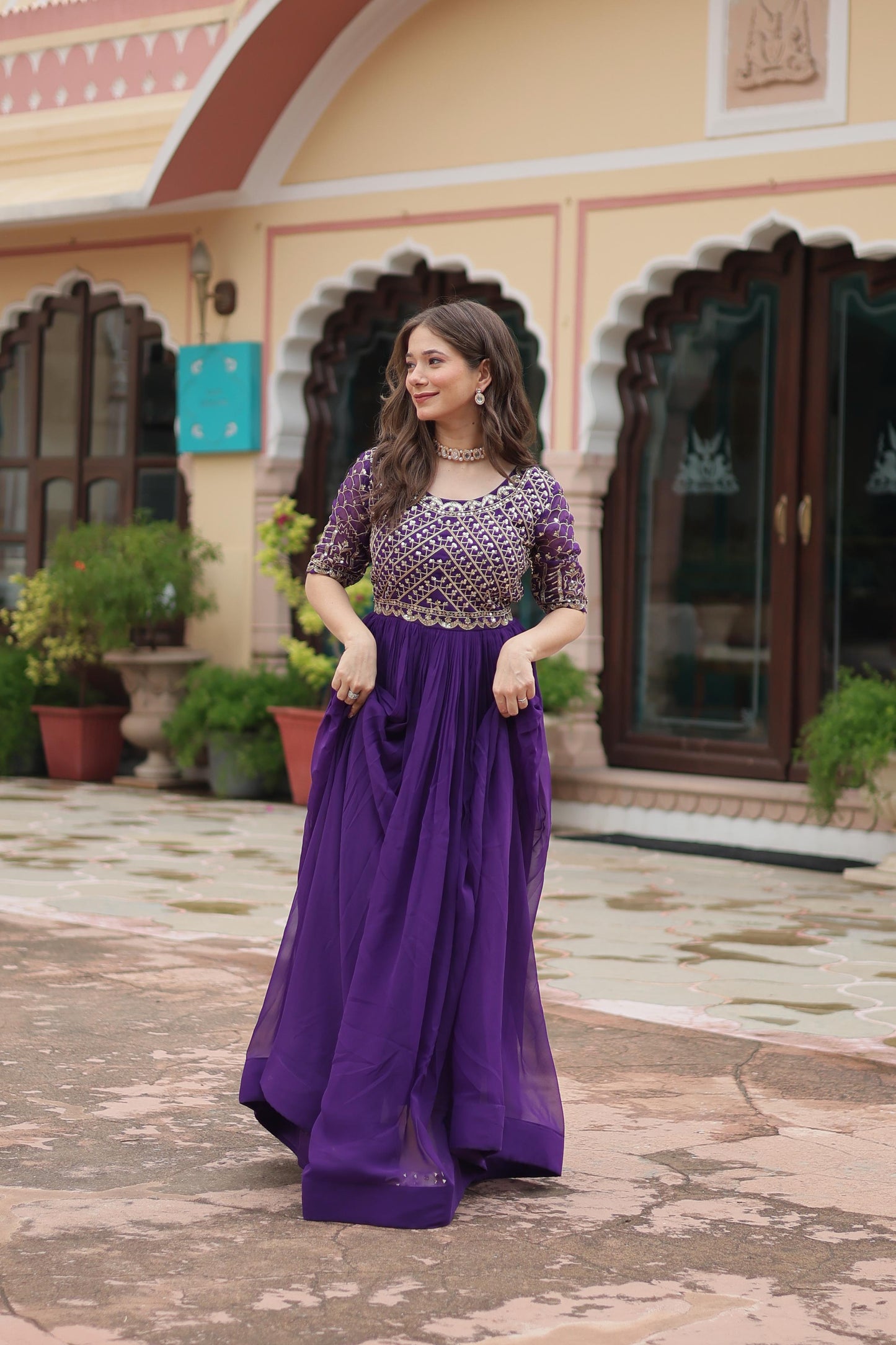 Designer Purple Color Embroidery Sequence work Gown