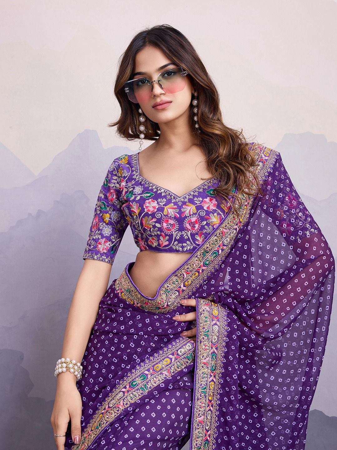 Stylish Purple Color Digital Print With Work Georgette Saree