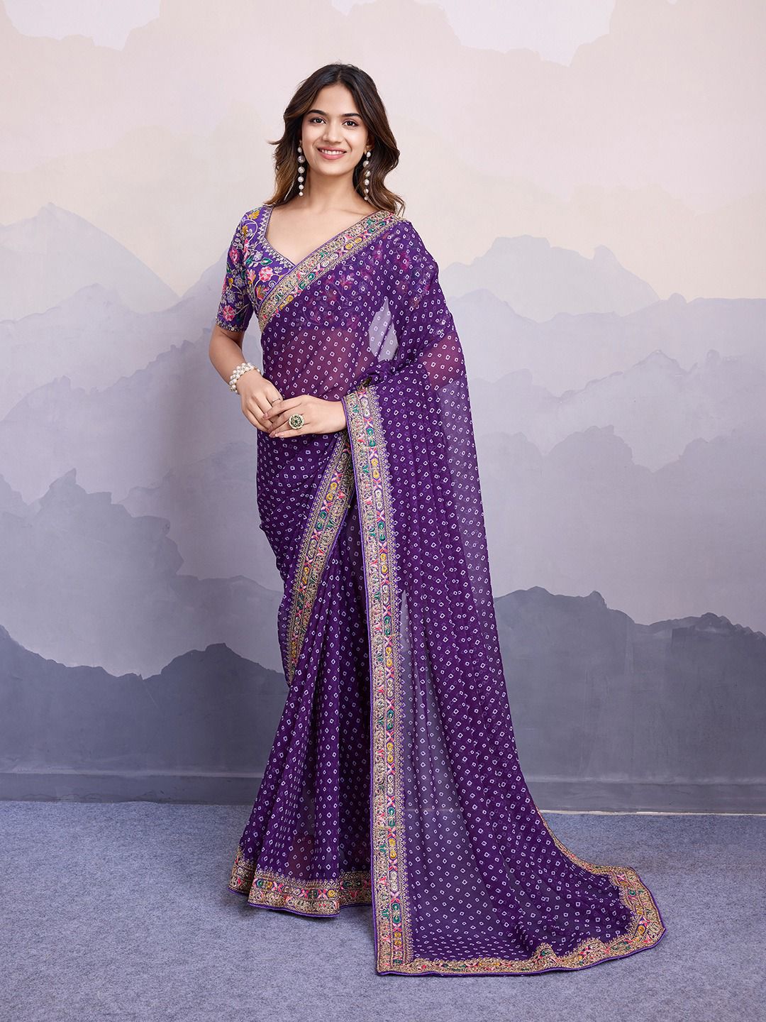 Stylish Purple Color Digital Print With Work Georgette Saree