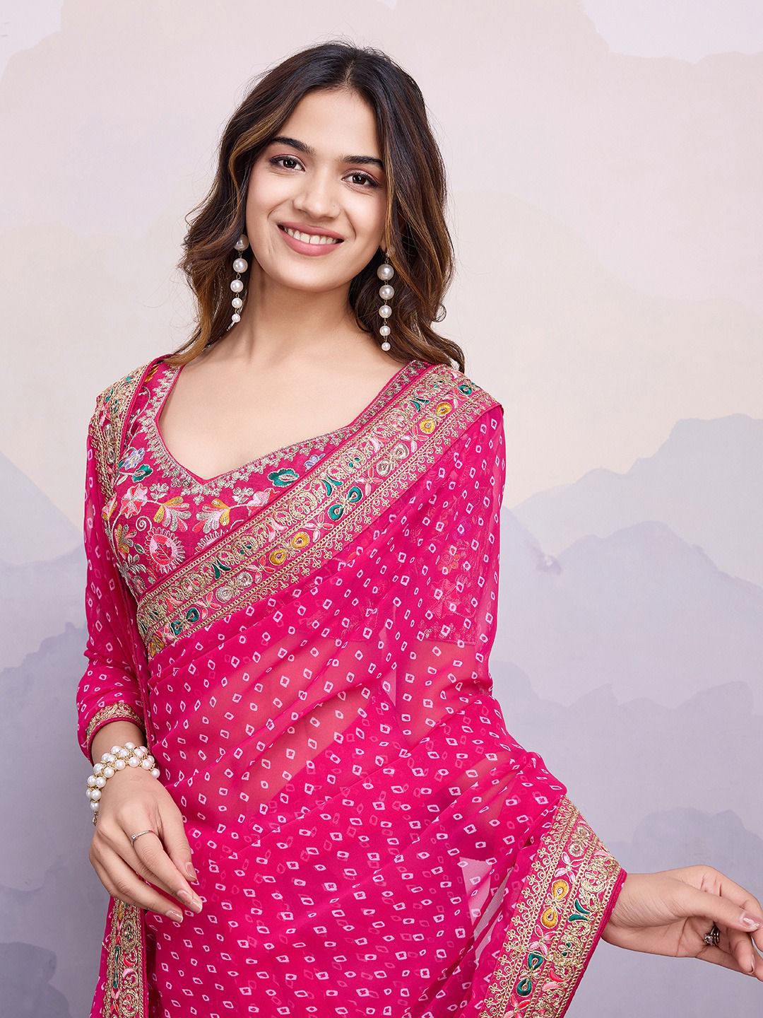 Stylish Pink Color Digital Print With Work Georgette Saree