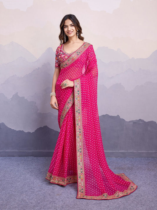 Stylish Pink Color Digital Print With Work Georgette Saree