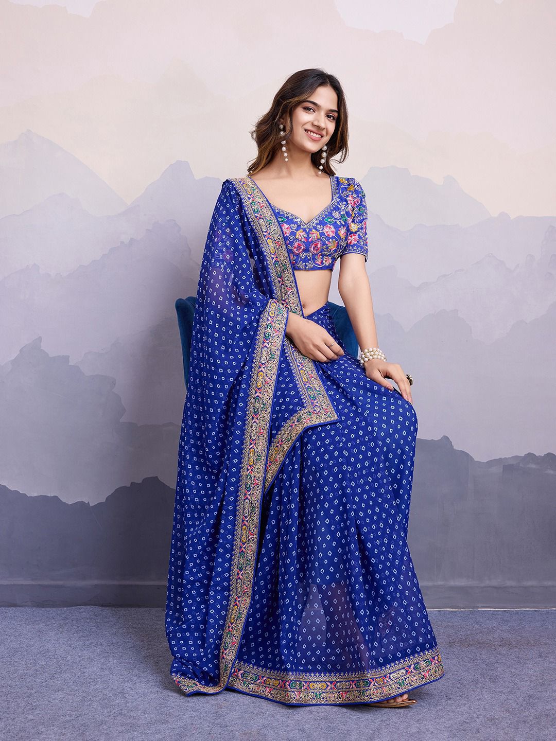 Stylish Blue Color Digital Print With Work Georgette Saree