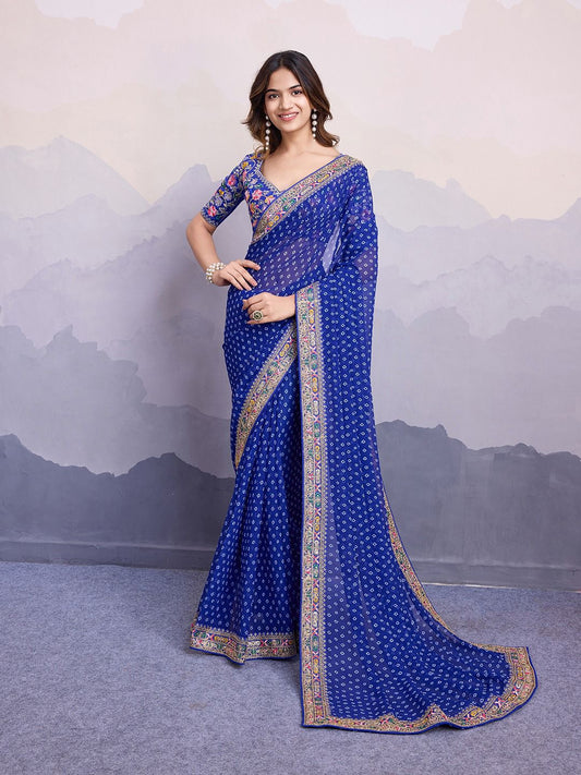 Stylish Blue Color Digital Print With Work Georgette Saree