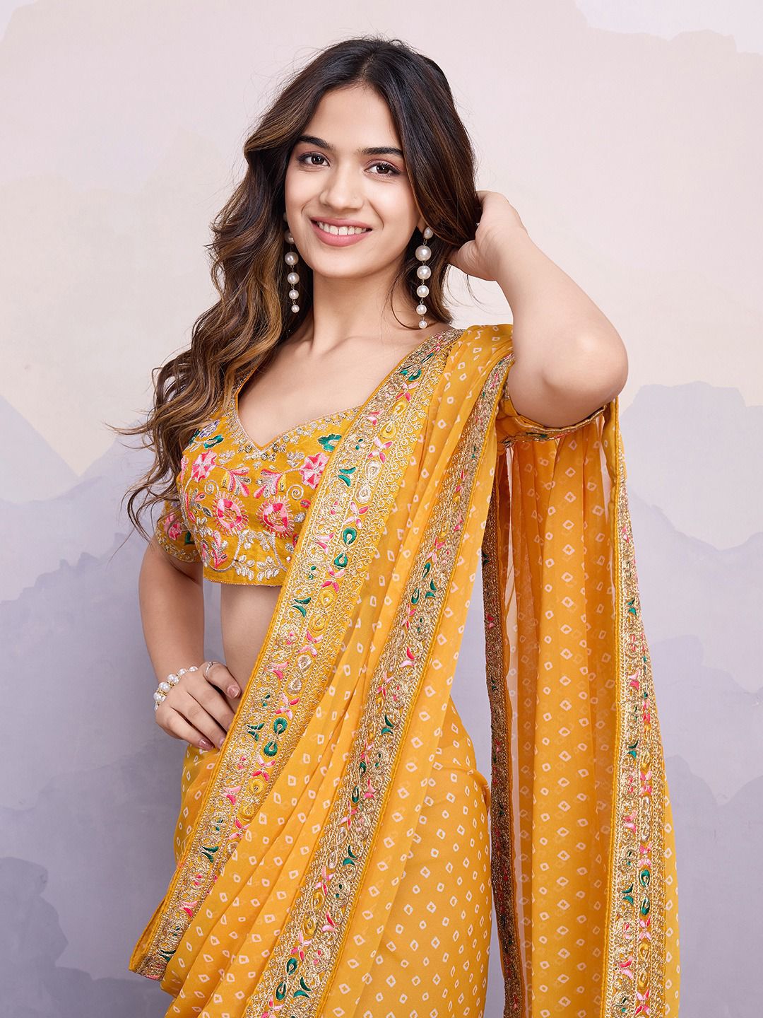 Stylish Yellow Color Digital Print With Work Georgette Saree