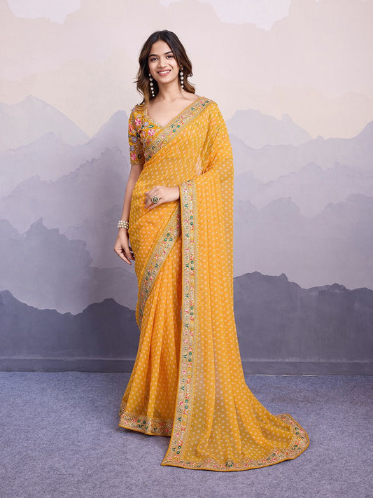 Stylish Yellow Color Digital Print With Work Georgette Saree