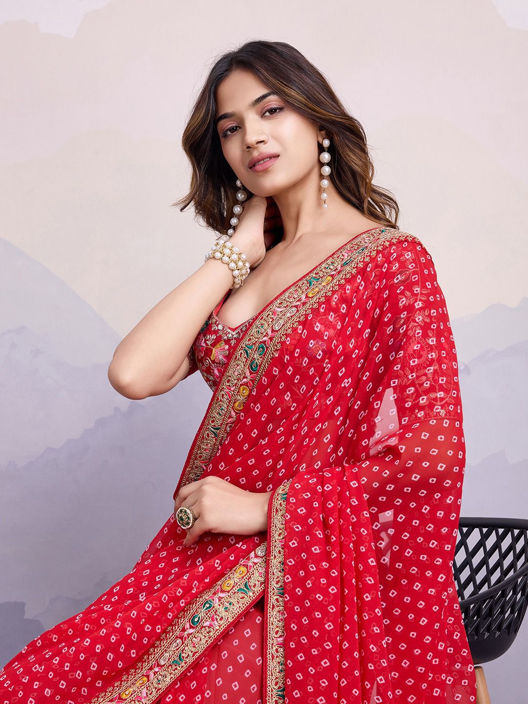 Stylish Red Color Digital Print With Work Georgette Saree