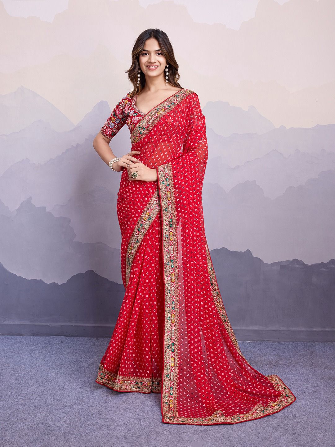 Stylish Red Color Digital Print With Work Georgette Saree