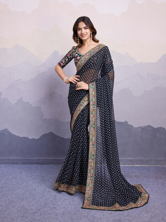 Stylish Black Color Digital Print With Work Georgette Saree