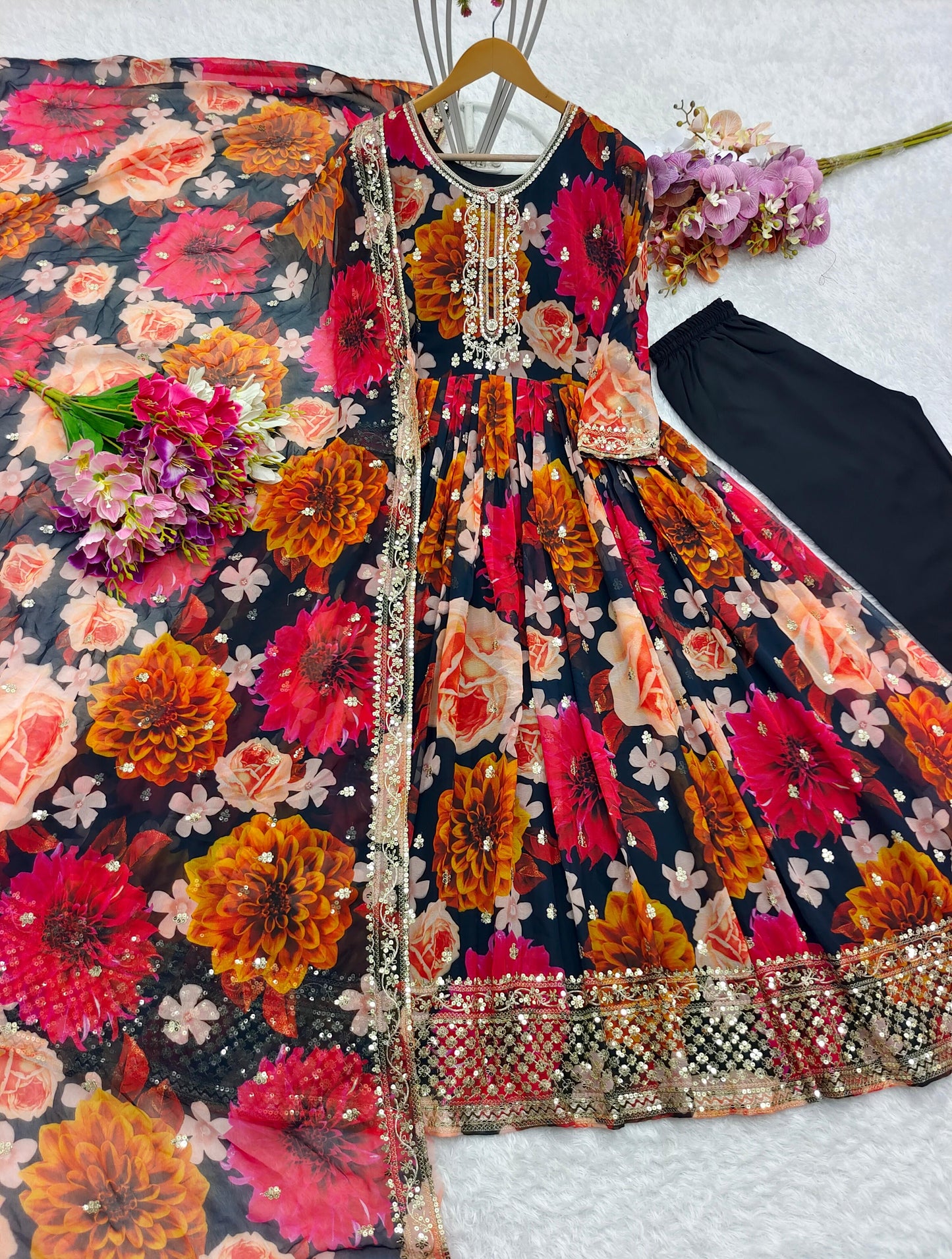 Flower Print Embroidery Work Black Georgette Anarkali Gown