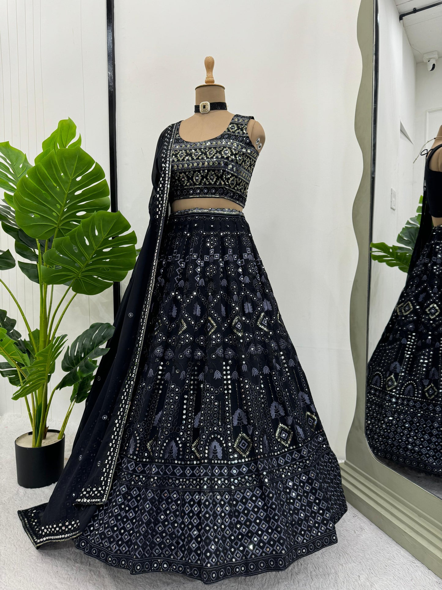 Party Wear Sequence With Thread Work Heavy Black Lehenga Choli