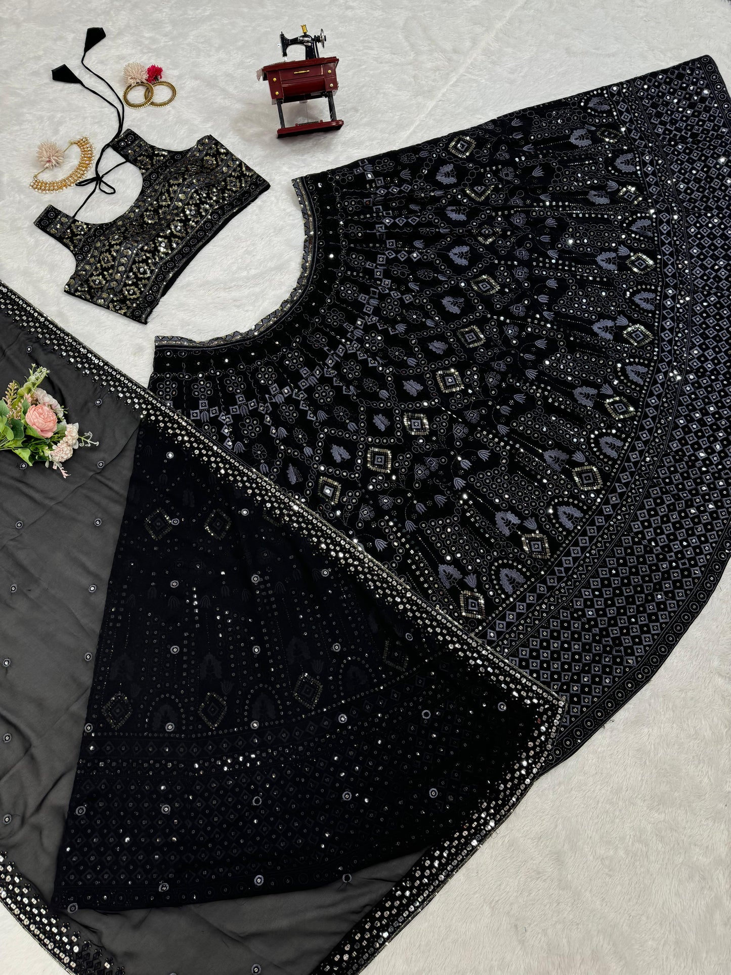 Party Wear Sequence With Thread Work Heavy Black Lehenga Choli