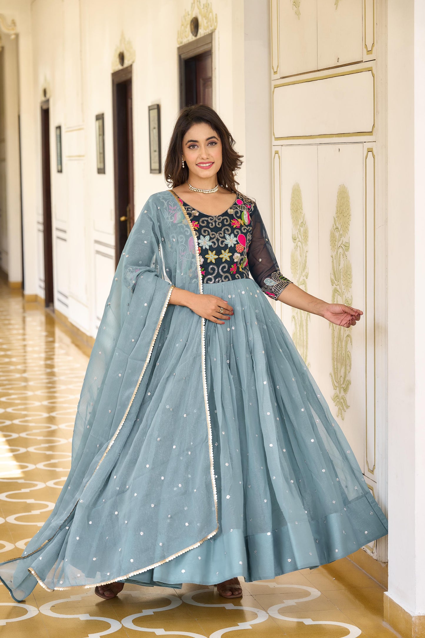 Unique Sky Blue Color Sequence Embroidery Work Gown