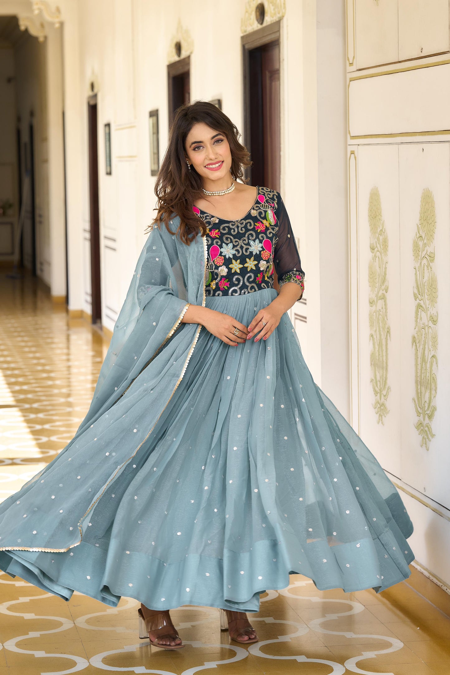 Unique Sky Blue Color Sequence Embroidery Work Gown