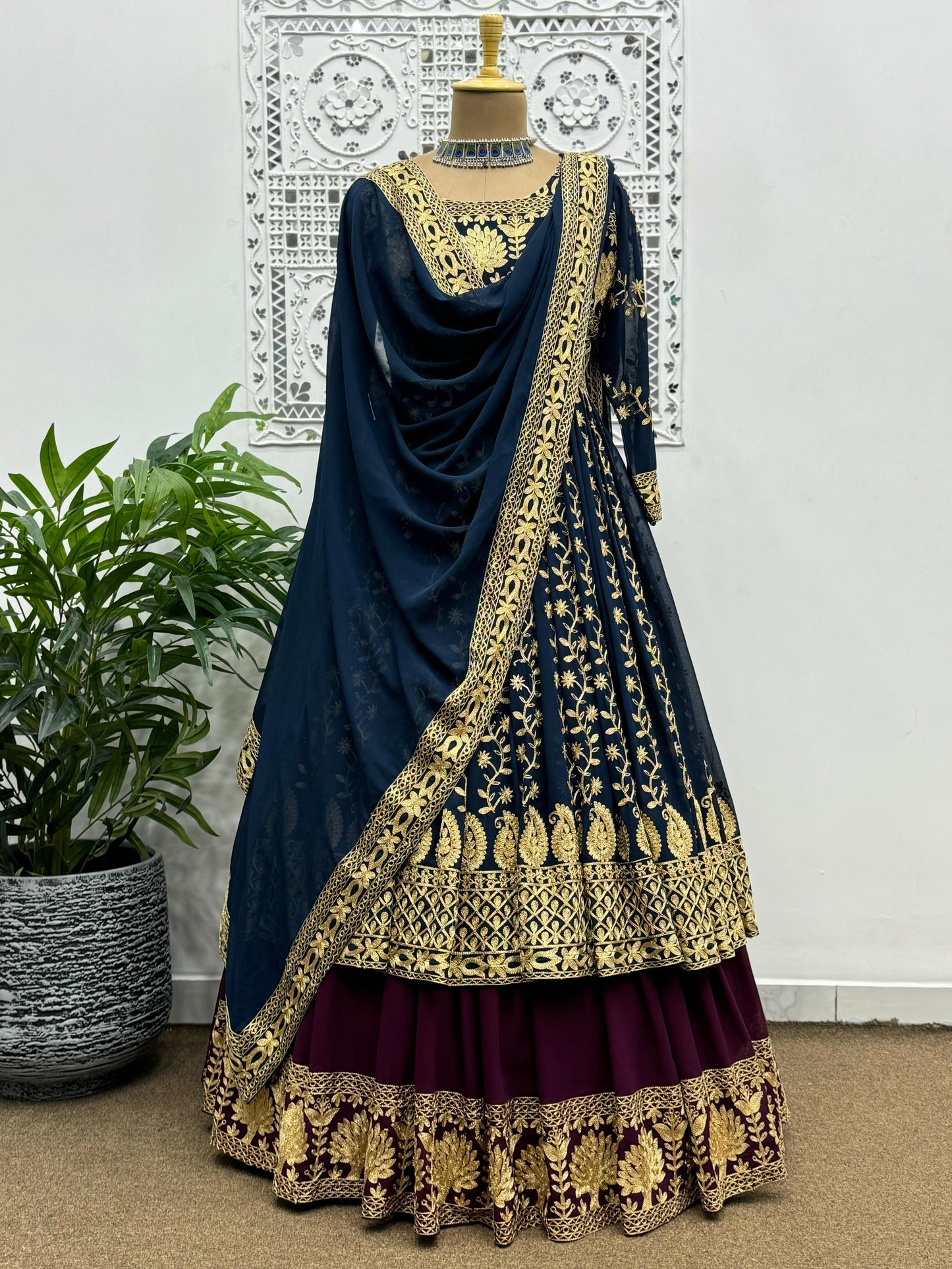 Wonderful Blue With Maroon Color Heavy Work Lehenga With Gown