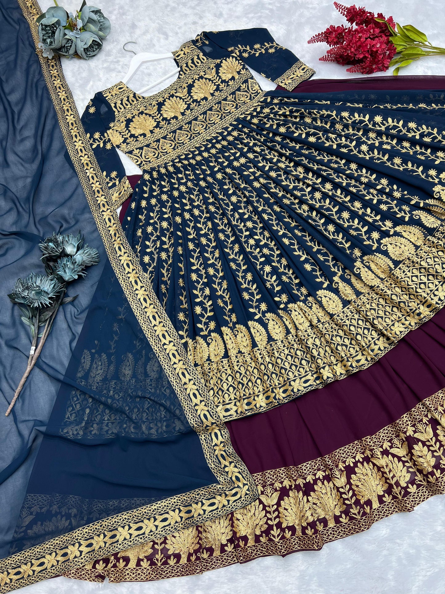 Wonderful Blue With Maroon Color Heavy Work Lehenga With Gown