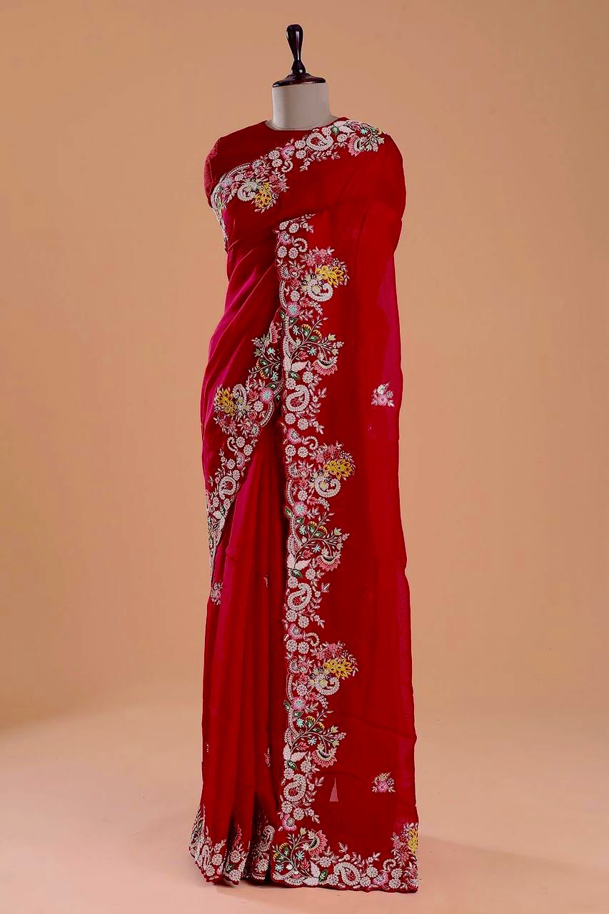 Wedding Wear Multi Embroidery Butti Work Red Saree