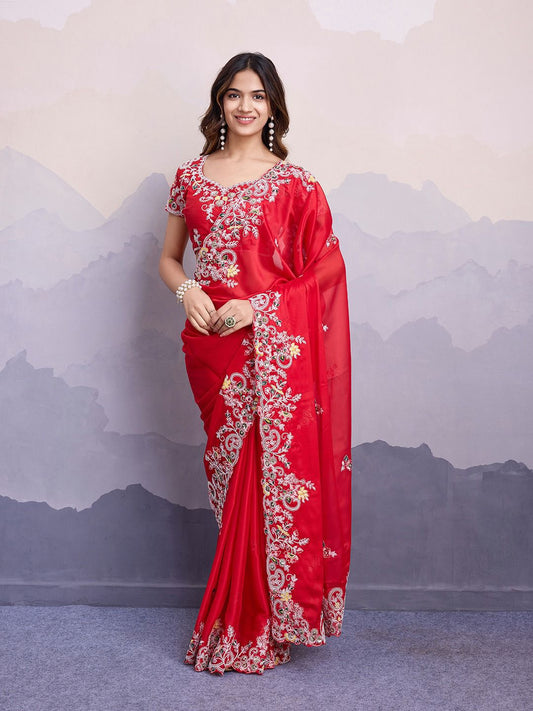 Wedding Wear Multi Embroidery Butti Work Red Saree