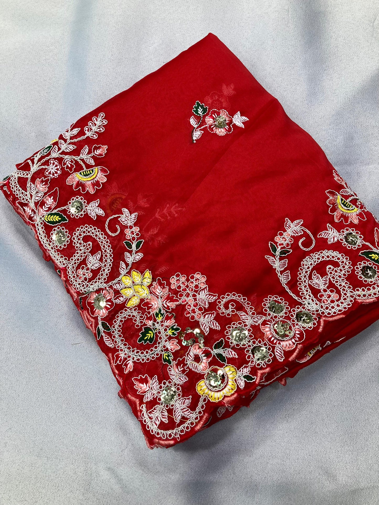 Wedding Wear Multi Embroidery Butti Work Red Saree