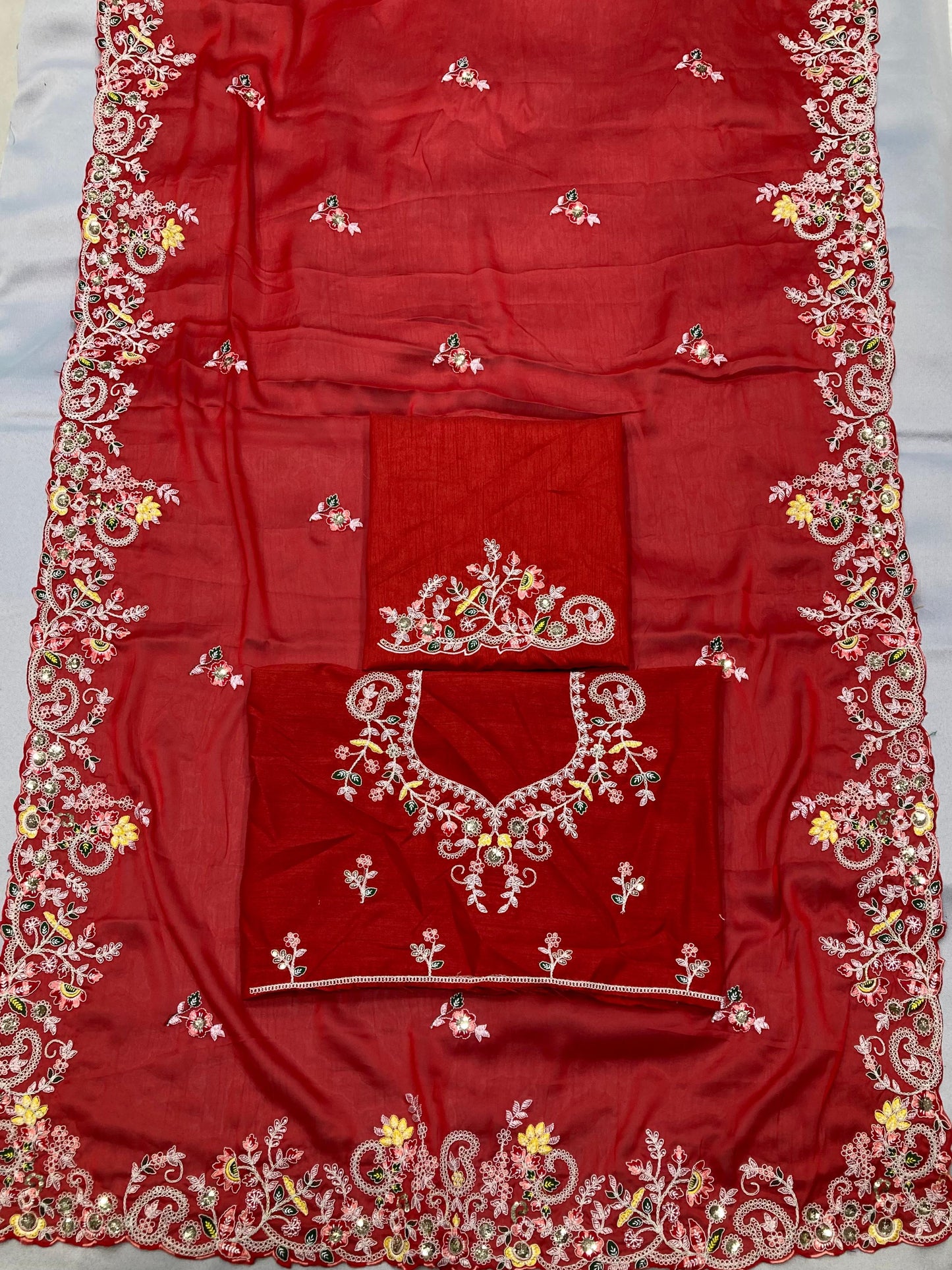 Wedding Wear Multi Embroidery Butti Work Red Saree