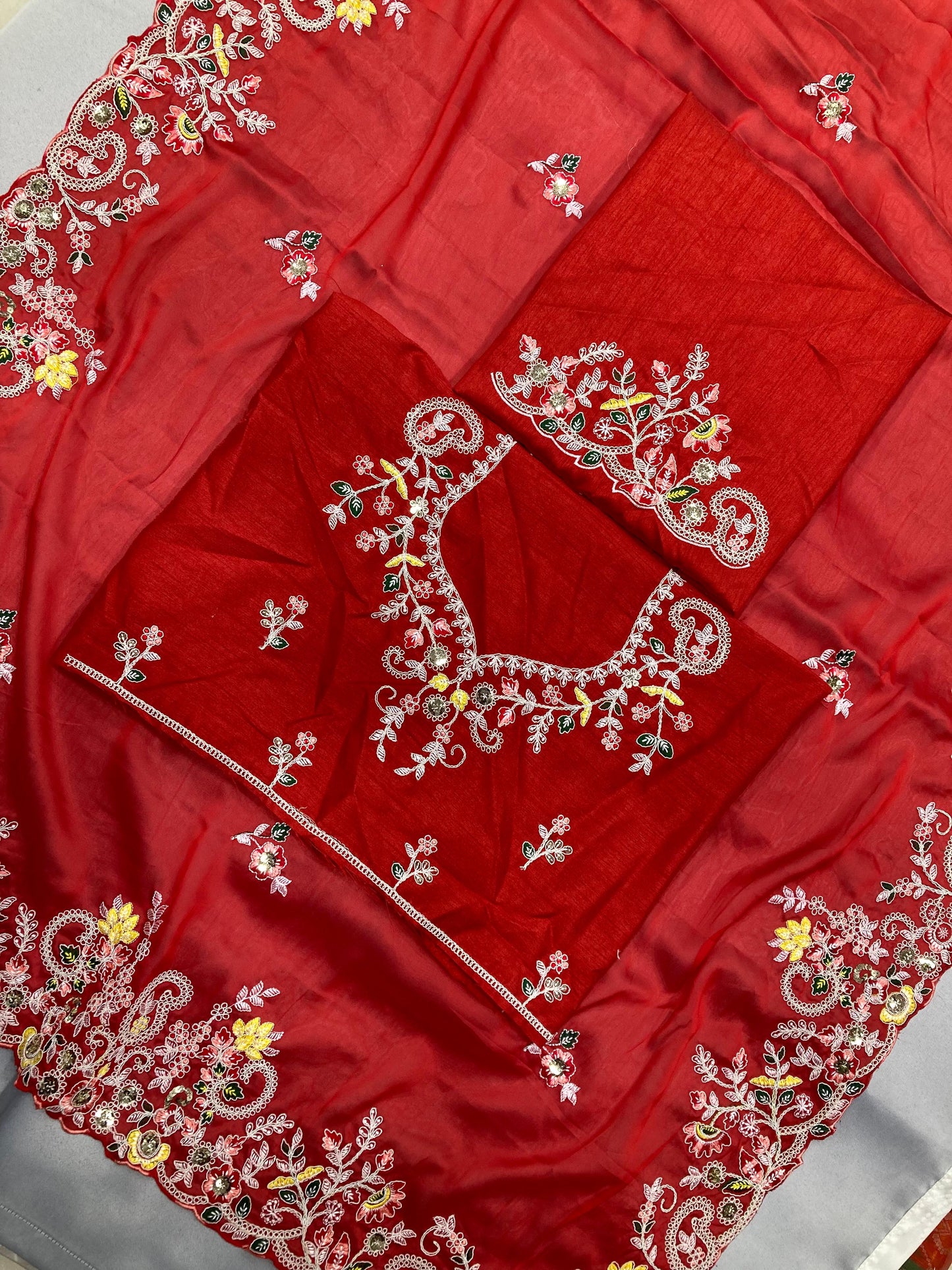 Wedding Wear Multi Embroidery Butti Work Red Saree