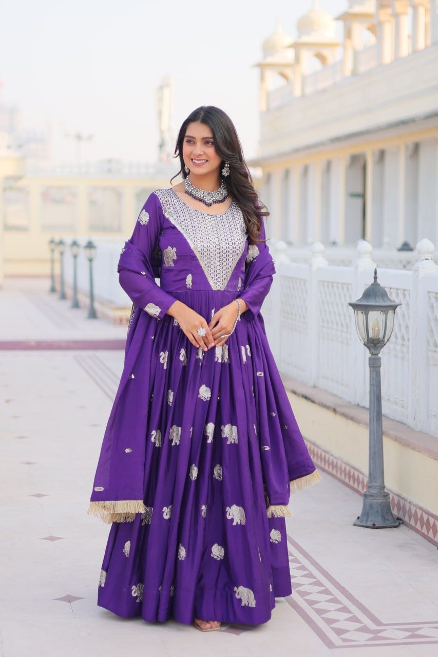 Fashionable Georgette Sequence Work Purple Color Gown