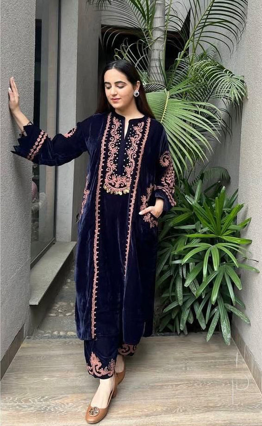 Luxuriant Embroidery Velvet Blue Color Plazzo Suit